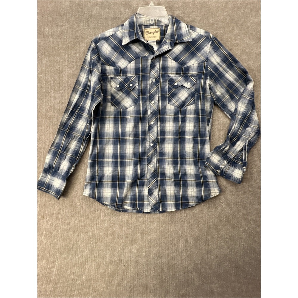 Wrangler Western Shirt Pearl Snap Long‎ Sleeve Gray Blue Plaid Men M Snakebite